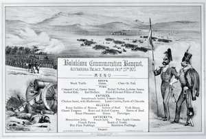 Montert illustrert meny for Balaklava minnesbanketten holdt på Alexandra Palace, 25. oktober 1875 (gravering) av English School