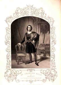 Mr Charles Kean som Hamlet, Act III Scene 2, i stykket av William Shakespeare (1564-1616) fra en daguerreotypi av Paine of Islington (gravering) av English School