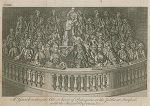 Mr David Garrick resiterer Ode, til ære for William Shakespeare ved jubileet i Stratford av English School