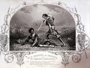 Mr. H. Marston som Hotspur og Mr. F. Robinson som Prince Henry, Act V Scene 4 fra Henry IV (Del I) fra en daguerrotypi av Paine of Islington, pub. av John Tallis & Co. (litho) av English School