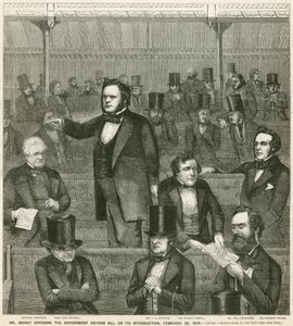 John Bright motsetter seg regjeringsreformforslaget ved innføringen av det, 28. februar 1859 av English School