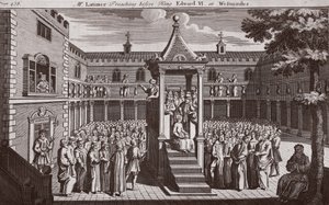 Herr Latimer forkynner for kong Edward VI i Westminster, illustrasjon fra Foxes Martyrs ca. 1703 av English School