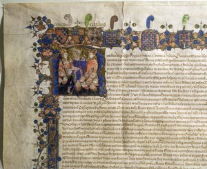 Ms.29410 Historikert initial R som viser mindre kanoner av St. Pauls Cathedral, detalj fra Royal Charter of Incorporation av English School