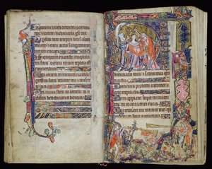 Ms 1-2005, ff.38v-39r: The Anointing of David, historikert D initial fra Macclesfield Psalter, Use of Sarum, East Anglia, ca. 1330 av English School