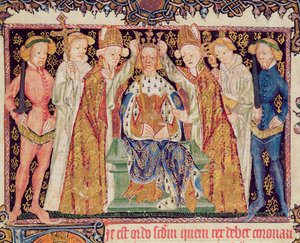 Ms 197 f.3r Kroning av en konge, fra Liber Regalis av English School