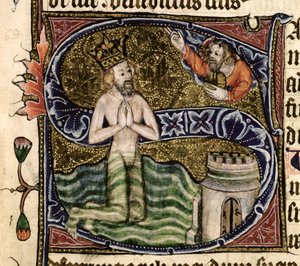 Ms 26 f.34r. Salme 68, David drukner, fra Ramsey Abbey Psalter, ca. 1380 av English School