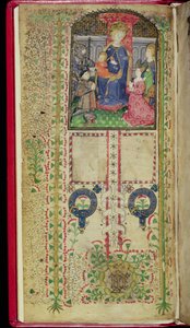Ms 41-1950, f.2v: Dedikasjonsside fra en timebok tilhørende Margaret Beauchamp, ca. 1424 av English School