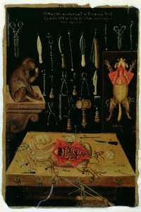 Ms Hunter 364 Tabell I Disseksjonsinstrumenter, fra Anatomical Tables, av John Banister (1540-1610) (olje på brunt papir) av English School