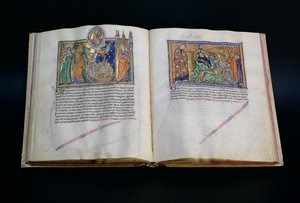 Ms L.A. 139-Lisboa fol.37 v-38 Dyret som spotter Guds navn, og folket som tilber det 3. og 2. dyret, fra Gulbenkian Apocalypse, ca. 1265-70 av English School