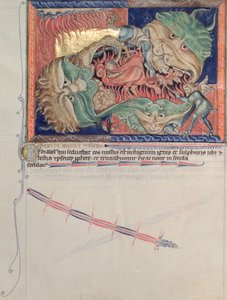 Ms L.A. 139-Lisboa fol.71 Helvetes kjever som svelger den røde dragen, havets og jordens dyr, fra Gulbenkian Apocalypse, ca. 1265-70 av English School