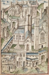 Ms. New Coll 288, f4v. (Chaundler-manuskript), Life of William of Wykeham av Thomas Chaundler (penn og blekk og tempera på vellum) av English School