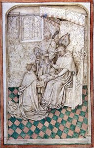 Ms R 14.5 f.8v Thomas Bekynton, biskop av Bath og Wells, mottar Chaundler, fra Abingdon Missal, 1457-61 av English School