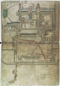 Ms R 171 f.285 Plan over Canterbury Cathedral og rørleggersystemet, fra 
