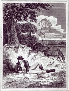 Mungo Park i Afrika, en illustrasjon fra 'Reiser i de indre distriktene i Afrika: utført i årene 1795, 1796 og 1797', utgitt i 1816 (trykk) av English School