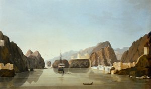 Muscat fra havnen med en britisk fregatt for anker, fra Sixteen Views of Places in the Persian Gulf, av løytnant R. Temple, publisert 1813 (akvatint)