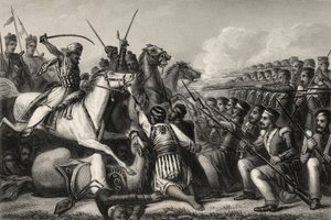 Mytteri-kavaleri som angriper et infanteritorg i slaget ved Cawnpore i 1857, fra 'The History of the Indian Myttery', utgitt i 1858 av English School