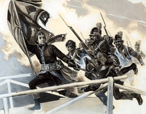 Napoleon leder hæren sin over broen ved Lodi. av English School
