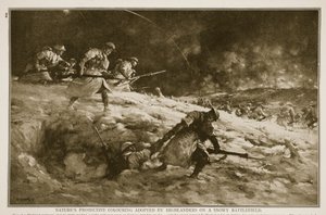 Naturens beskyttende fargelegging adoptert av høylandere på en snødekt slagmark, 1914-19 av English School