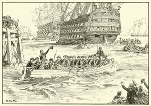 Nelson går ombord på flaggskipet sitt i Portsmouth (blekk på papir) av English School