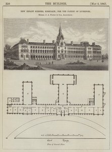 New Infant Schools, Kirkdale; for Parish of Liverpool, herr JA Picton og sønn, arkitekter (gravering) av English School