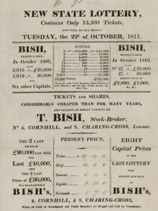 New State Lottery, drevet av T. Bish, aksjemegler, 4 Cornhill og 9 Charing Cross, London av English School