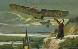 Nyttårskort med et fly (farge litho) av English School