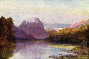 New Zealand: Ved utspringet av Te Anau-sjøen (fargelitografi) av English School