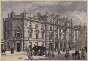 Nytt tinghus og politistasjon, Bow Street, London, c1880 (farget gravering) av English School