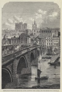 Newcastle-upon-Tyne fra sør, som viser slottet og Spire of St Nicholas (gravering) av English School