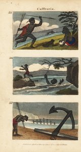 Nguni eller Bantu (Kaffir) kriger som jakter antiloper med spyd 55, forlater en kvinne som drukner i en elv 56, og tilber et anker fra et øst-indisk skip 57 av English School