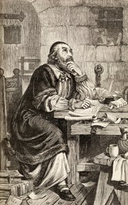 Nicholas Ridley skrev brev i fengselet mens han ventet på henrettelse, ca. 1865 (tregravering) av English School