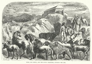Noah, familien hans og de levende skapningene går inn i arken (gravering) av English School