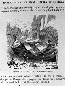 Norrønt båt brukt som bolig, fra Narrative and Critical History of America, pub. i 1889 av English School