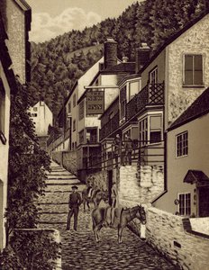 Nord-Devon: Clovelly, Main Street (litografi) av English School