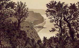 Nord-Devon: Clovelly fra Hobby Drive (litografi) av English School