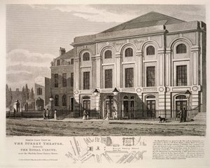 Nordøst-utsikt over Surrey Theatre, tidligere The Royal Circus nær obelisken, Great Surrey Street, 1814 av English School
