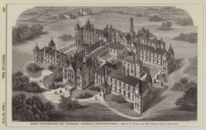 North Staffordshire New Infirmary, Hartshill, Stoke-upon-Trent, Mr GB Nichols og Mr Charles Lynam, arkitekter (gravering) av English School