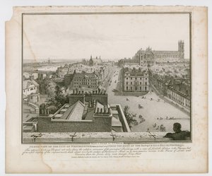 Nordutsikt over byen Westminster fra taket på Banketthuset, Whitehall av English School
