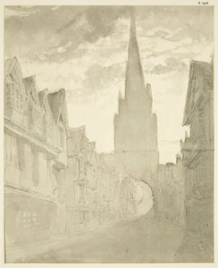 Nordutsikt over St Mary Redcliffe Church fra Redcliffe Street (blyant og akvarell på papir) av English School