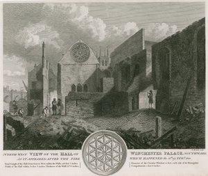 Nordvest-visning av Hall of Winchester Palace slik den så ut etter brannen