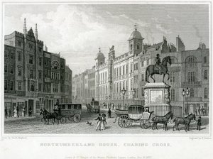 Northumberland House, Charing Cross. Bishs Lottery Office, nr. 9 Charing Cross, ligger ved siden av Golden Cross Hotel av English School