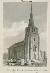 Nordvestutsikt over Streatham Church, Surrey (wc på papir) av English School