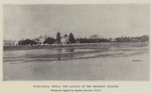 Nukualofa, Tonga, hovedstaden på de vennlige øyene (litho) av English School
