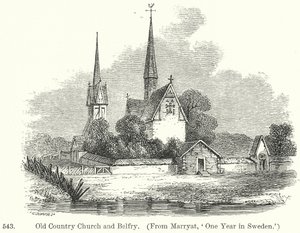 Gammel landsbykirke og klokketårn (gravering) av English School