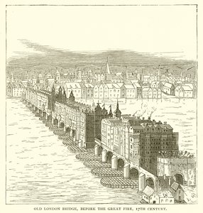 Old London Bridge, før den store brannen, 1600-tallet av English School