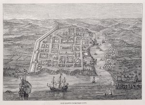 Gamle Santo Domingo City på tidspunktet for Drakes ekspedisjon, fra "Santo Domingo Past and Present" av Samuel Hazard, pub. 1873 av English School