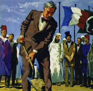 Den 25. april 1859 veltet de Lesseps den første spaden med skitt i Suez-kanalen av English School