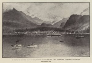 På vei til Klondike, Skagway Town, fra Head of the Lynn Canal, som viser White Pass i oktober 1897 (litho) av English School