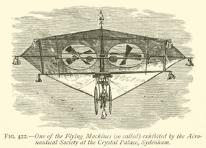 En av de flyvende maskinene (såkalt) utstilt av Aeronautical Society på Crystal Palace, Sydenham (gravering) av English School