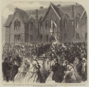 Åpning av Albert Infirmary, og avduking av statuen av avdøde prinsgemal, ved Bishops Waltham, i nærvær av prins Arthur og prinsessene Helena og Louisa (gravering) av English School